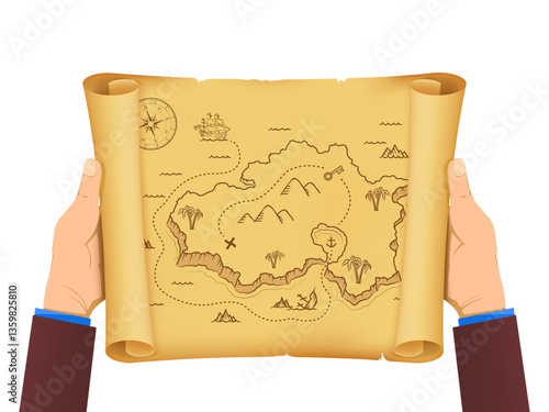 Old pirate map of treasure island on an old parchment paper in the hands of a man. Isolated on white background. Vector illustration.