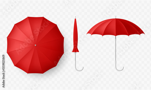 Red umbrella mockups. Top and side views. Isolated on transparent background. Vector template