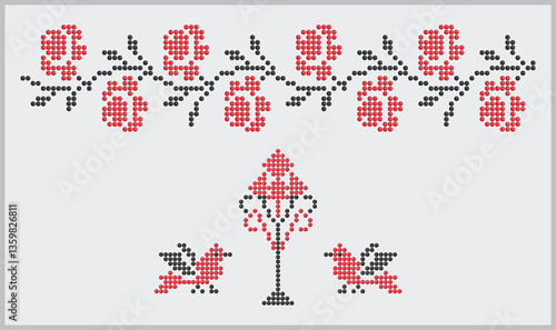 Beads southern Ukraine folk art pattern, ethnic botanic and birds decorative ornament