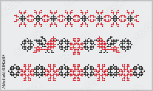 Traditional southern Ukraine vyshyvanka embroidery and beads border pattern, ethnic botanic and birds ornament