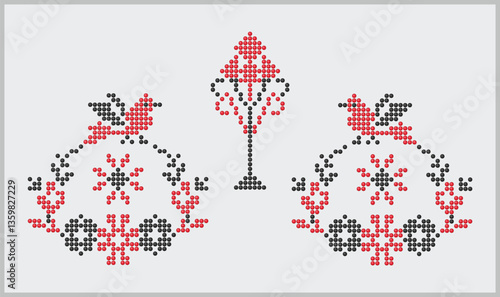 Traditional southern Ukraine symmetrical embroidery and beads art pattern, ethnic ornament with birds
