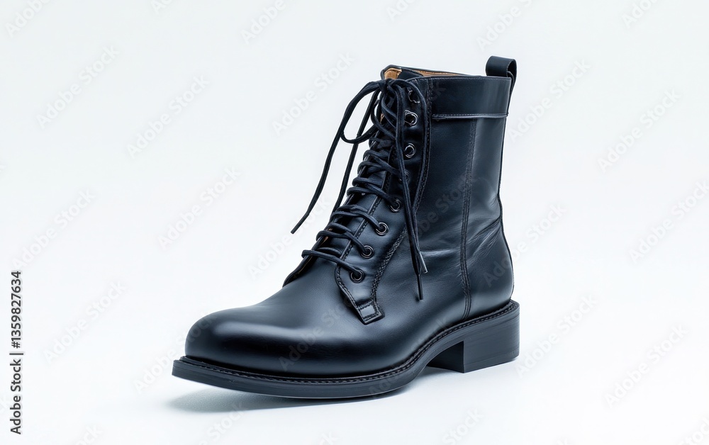 Black leather ankle boots with laces, displayed against a clean white background. The boots have a rugged yet stylish design, suitable for various occasions Black leather ankle boots with laces, displayed against a clean white background. The boots have a rugged yet stylish design, suitable for various occasions