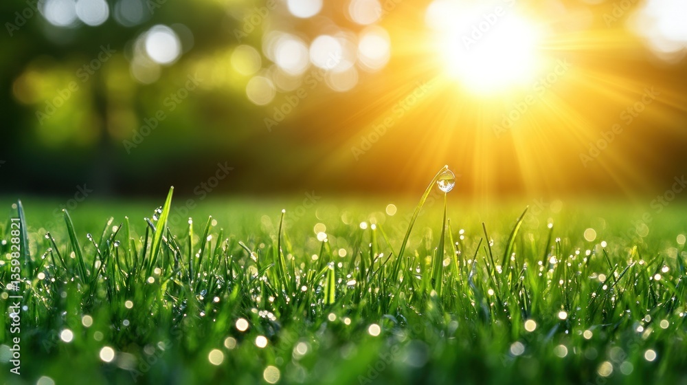 Obraz premium Dew-kissed grass field bathed in morning sunlight