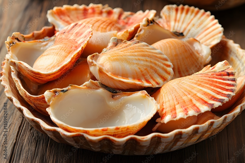 Closeup of Fresh Raw Scallops Shells in Bowl, Seafood Dish Closeup of Fresh Raw Scallops Shells in Bowl, Seafood Dish