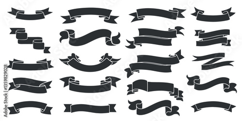 Vintage ribbon banner vector set illustration with curled design elements.