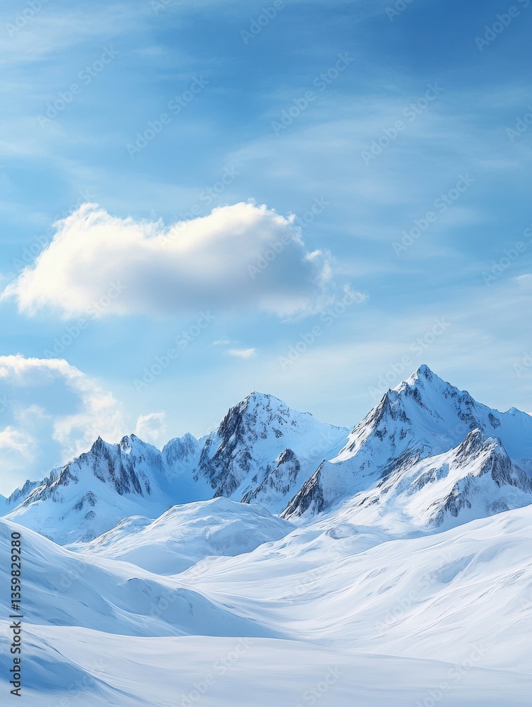 Fototapeta premium a serene winter landscape featuring a snow - covered mountain range under a clear blue sky with a single white cloud