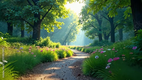 A peaceful stroll down a sun-drenched path lined with vibrant wildflowers and lush greenery.