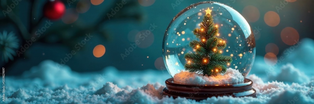 Decorated evergreen tree inside a snow globe with sparkling ice and snowflakes, snow globe, snow Decorated evergreen tree inside a snow globe with sparkling ice and snowflakes, snow globe, snow