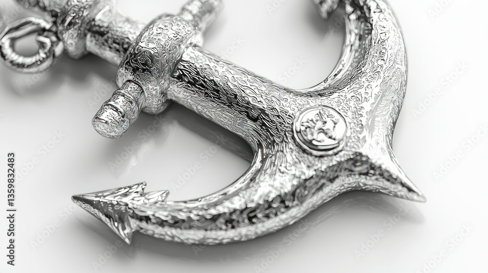 Obraz premium Silver anchor close-up, textured surface, white background, nautical theme, design element