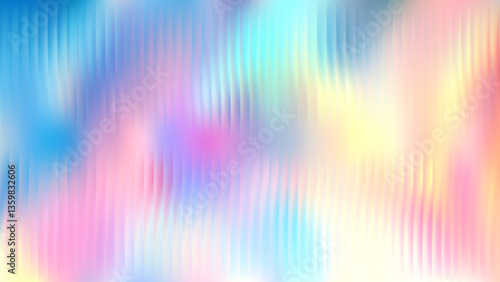 Ribbed glass background with iridescent gradient effect for surface. Abstract pattern with corrugated texture and holographic light. Blue stained panel with premium metal wall with color reflection