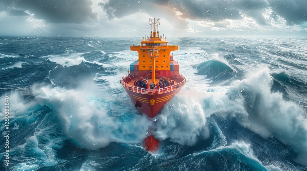 Obraz premium Aerial drone ultra wide panoramic photo of huge container tanker ship carrying truck size colourful containers in open ocean deep blue sea at sunset