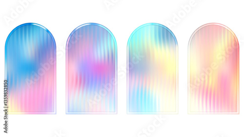 Ribbed glass arch panel background with corrugated texture and vibrant color. Frosted plastic arc with gradient. Holographic surface set on abstract plate. Light effect for podium or neon stage