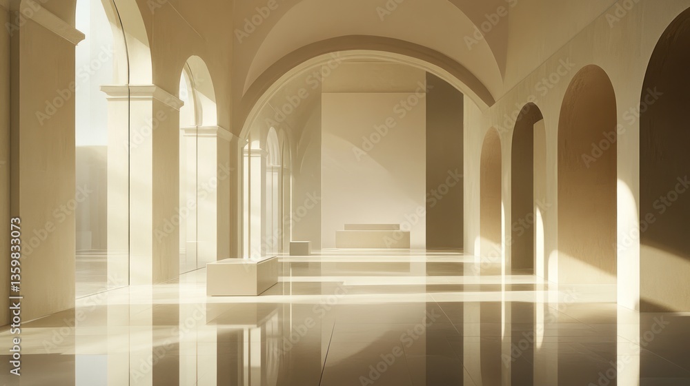Serene architectural space bathed in gentle sunlight and elegant arches Serene architectural space bathed in gentle sunlight and elegant arches