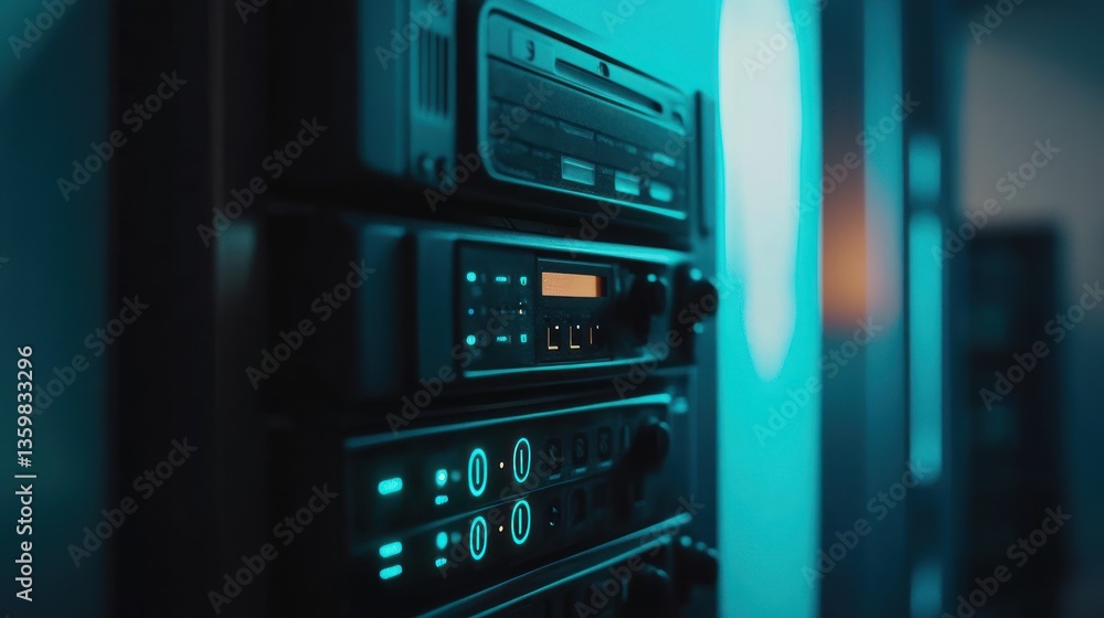 Fototapeta premium Stack of Black Audio Equipment in Blue Light