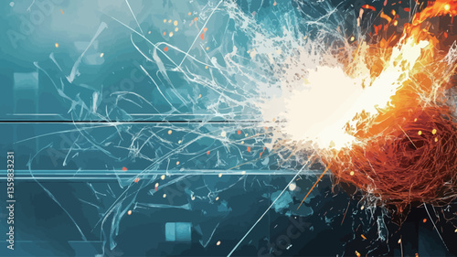 The image depicts an abstract representation of a collision between fire and ice.  The left side features cool-toned, translucent blue and white swirling forms suggesting ice, while the right side