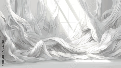The image shows an abstract representation of white drapery or fabric.  The fabric is depicted in flowing waves and folds, creating a sense of movement and depth. The texture is smooth, with subtle