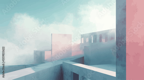 The image is a digital rendering depicting an abstract architectural landscape. The scene features geometric concrete structures in pastel shades of light blue and pink, partially obscured by a