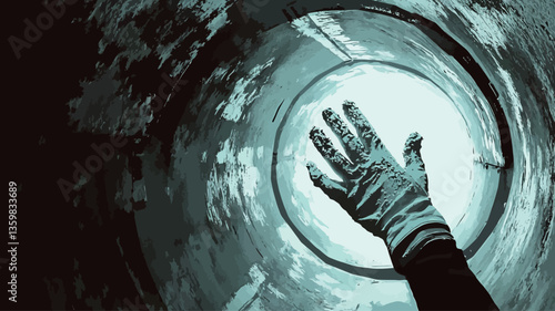 Close-up, stylized digital painting or illustration of a hand reaching towards a bright, circular light source within a dark, swirling vortex. The color palette is predominantly teal and dark
