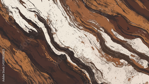 Close-up view of an abstract pattern featuring swirling lines of brown and white.  The colors blend and intermix, creating a dynamic and organic visual effect. The texture appears smooth, with