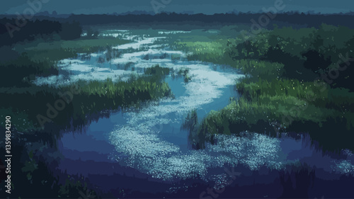 High-angle, long shot of a serpentine river winding through a lush green marshland at dusk. The river's water appears dark blue, with subtle reflections visible on its surface. The surrounding