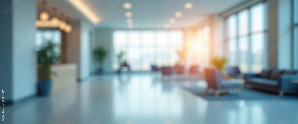 Fototapeta premium abstract blur modern interior of office building entrance with blue background and orange light effect concept