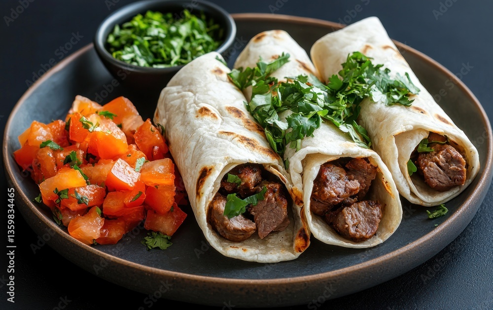 Three grilled meat tacos on a dark plate with diced tomatoes and cilantro. Close-up shot with shallow depth of field Three grilled meat tacos on a dark plate with diced tomatoes and cilantro. Close-up shot with shallow depth of field