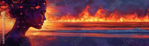 Vibrant profile of a woman against a fiery sunset over the ocean