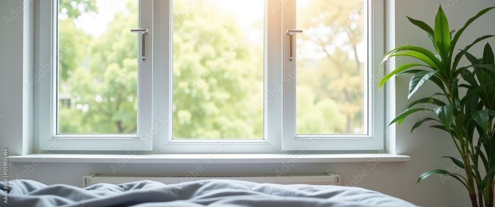 Fototapeta premium White window frame featuring modern profiles in the bedroom. Natural light in the living room. Interior design aligned with functional trends for a cozy home.