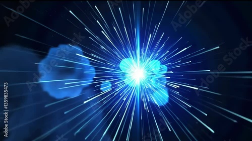 Bright blue light streaks burst forth from a central point, radiating outwards on a dark background