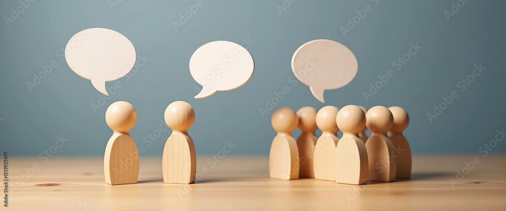 Wooden figure standing out among a group of diverse individuals, conversation concept, Wooden figurine with dialogue bubble, Distinct human form, Leadership, Human resource.