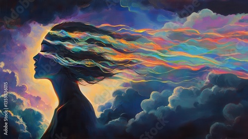 Surreal portrayal of a glowing woman surrounded by vibrant clouds at twilight