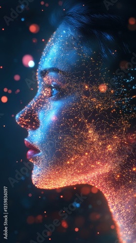 Surreal glowing representation of a woman with cosmic elements in an ethereal setting at dusk