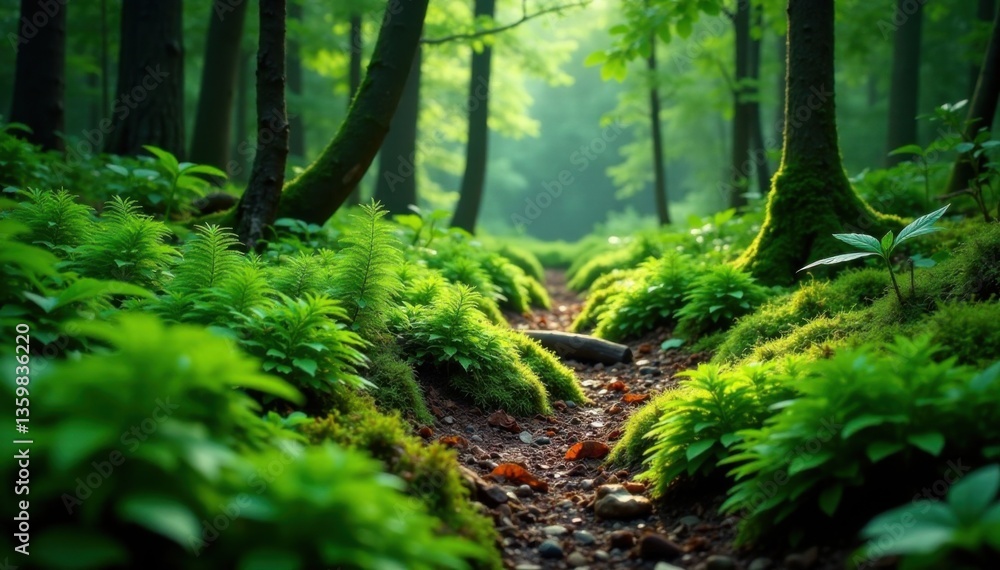 Fototapeta premium Dense ferns and moss covering the forest floor in a shaded area, nature, greens