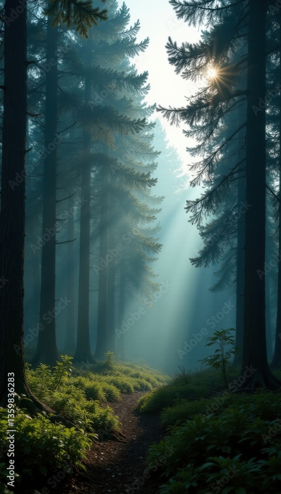 Fototapeta premium Dense fir forest in misty morning, soft light filters through trees , retro, firs, misty