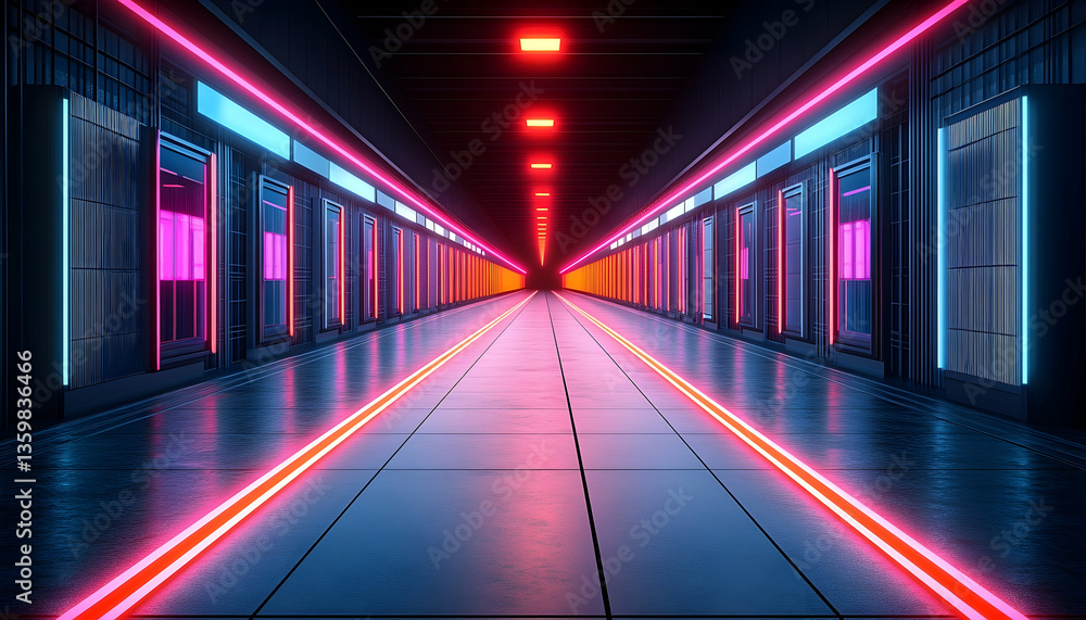 Fototapeta premium Futuristic corridor illuminated by neon lights, showcasing vibrant colors and sleek design elements