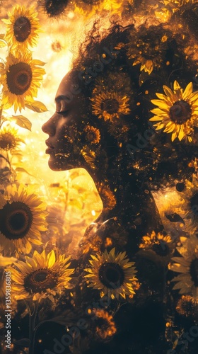 Surreal portrait of a woman glowing amidst vibrant sunflowers in a dreamlike atmosphere