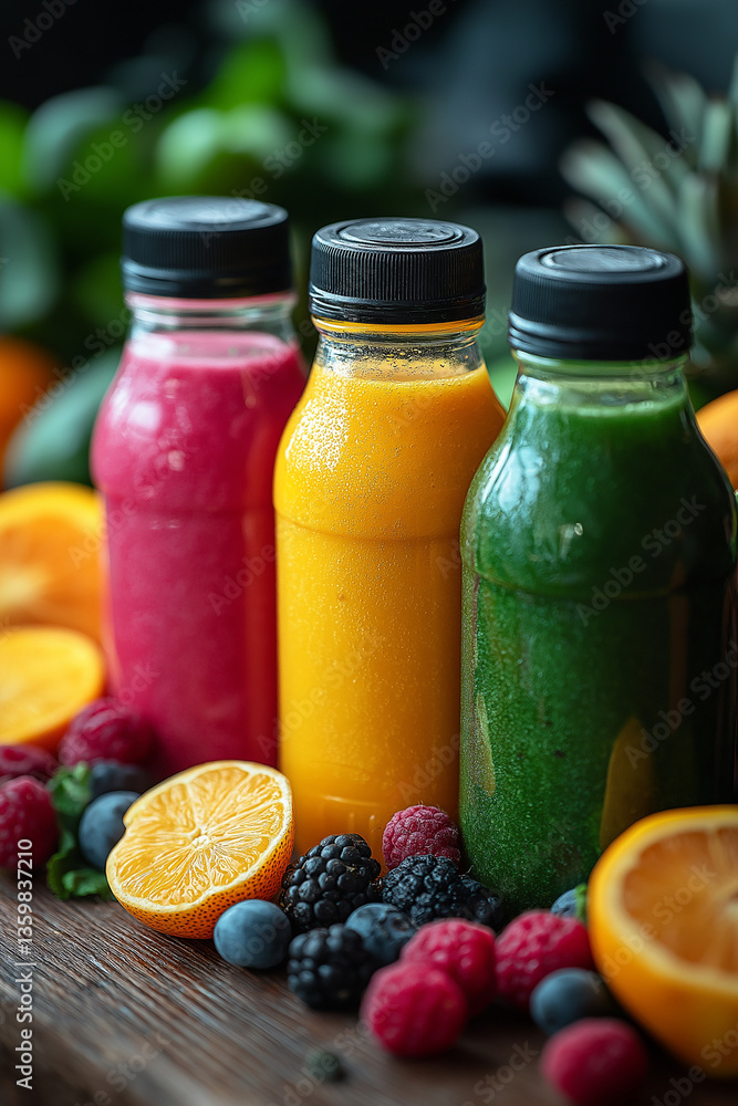 Trois bouteilles de smoothies colorés avec condensation, fruits frais et fond tropical flou, boisson estivale saine et rafraîchissante Trois bouteilles de smoothies colorés avec condensation, fruits frais et fond tropical flou, boisson estivale saine et rafraîchissante
