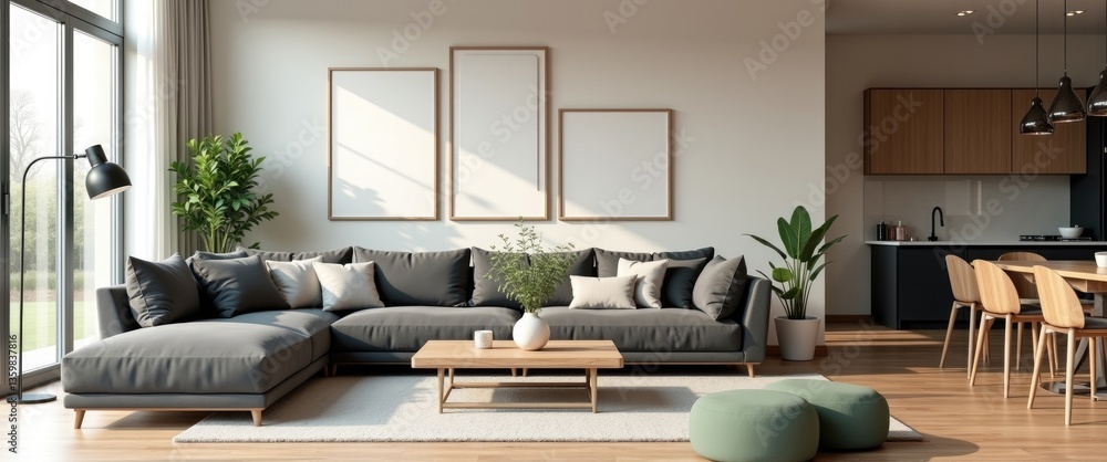 Naklejka premium A living room featuring couches, chairs, and a coffee table at the center, with large windows.