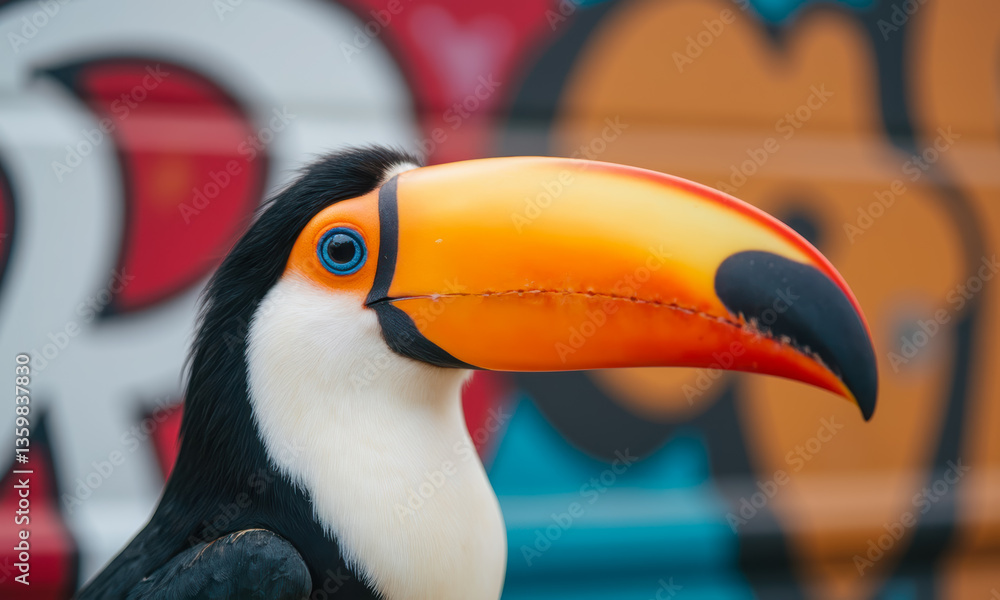 Fototapeta premium Vibrant Toucan with Colorful Beak Against Graffiti Background in Urban Setting