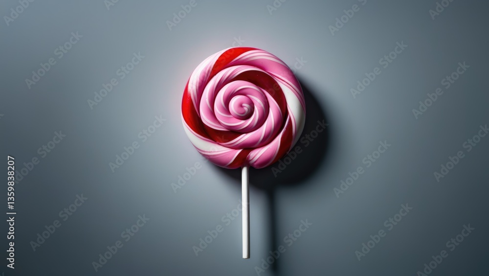 a pink, red, and white swirled lollipop on a white stick. Top view with space for text. a pink, red, and white swirled lollipop on a white stick. Top view with space for text.