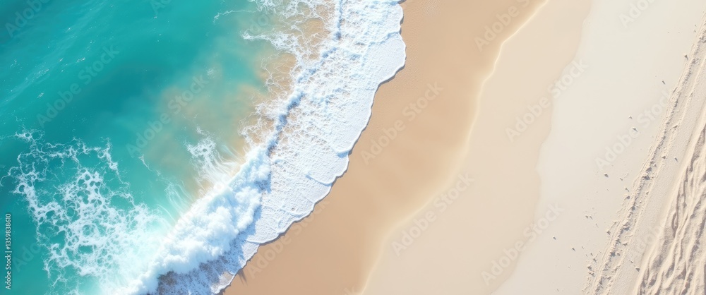 Naklejka premium Aerial perspective of large waves crashing onto a pristine white sandy beach shore.