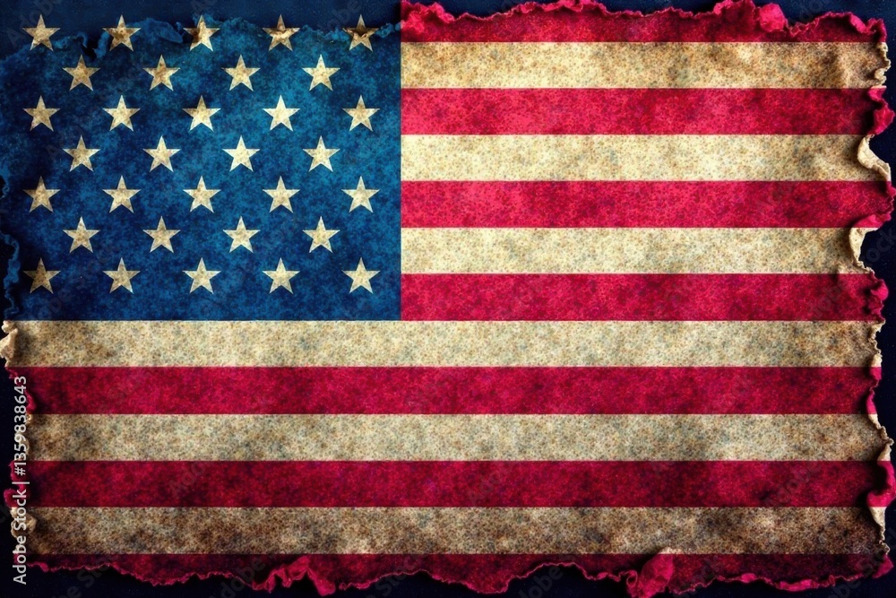 Obraz premium Distressed American flag with ripped edges and frayed fabric, worn denim background, flag, rugged