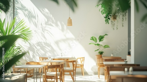 A cozy cafe with minimalist white decor, wooden furniture, and vibrant green plants. Sunlight streams through the glass walls and ceiling.