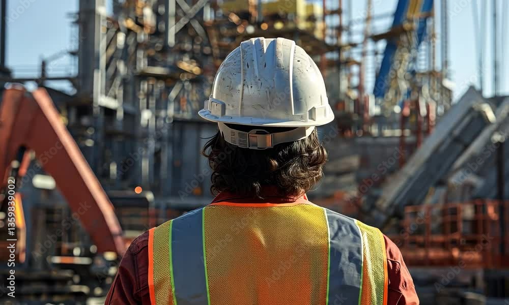 Construction Worker in Safety Gear Observing Site Development at an Industrial Construction Project Construction Worker in Safety Gear Observing Site Development at an Industrial Construction Project