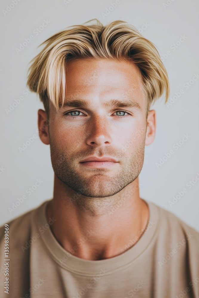 Fototapeta premium Young man with stylish blonde hair and blue eyes poses confidently against a neutral backdrop in a casual outfit during a personal photo session