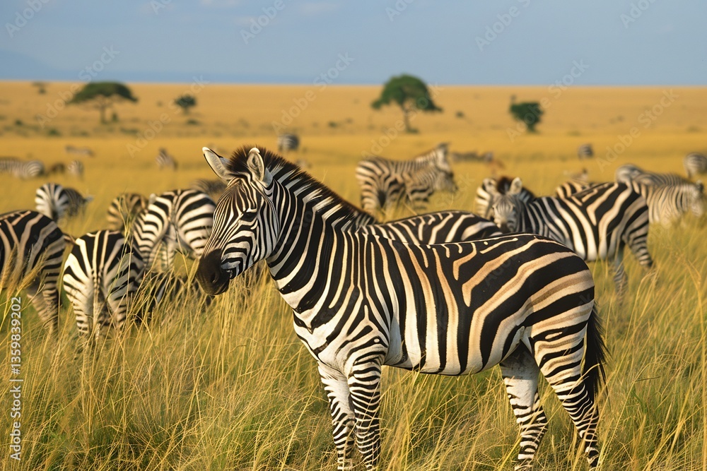 Naklejka premium Herd of plain zebra graz peacefully golden savanna their bold black white stripe standing out against tall sunlit grass background acacia tree dot horizon while lone giraffe can seen browsing distance