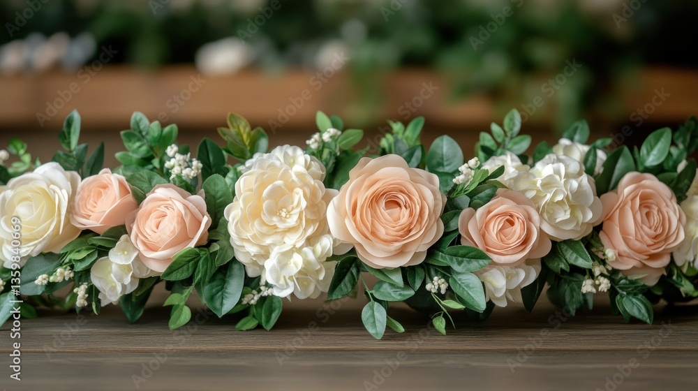 Elegant floral garland of peach and cream roses, hydrangeas, and greenery on a wooden surface Elegant floral garland of peach and cream roses, hydrangeas, and greenery on a wooden surface