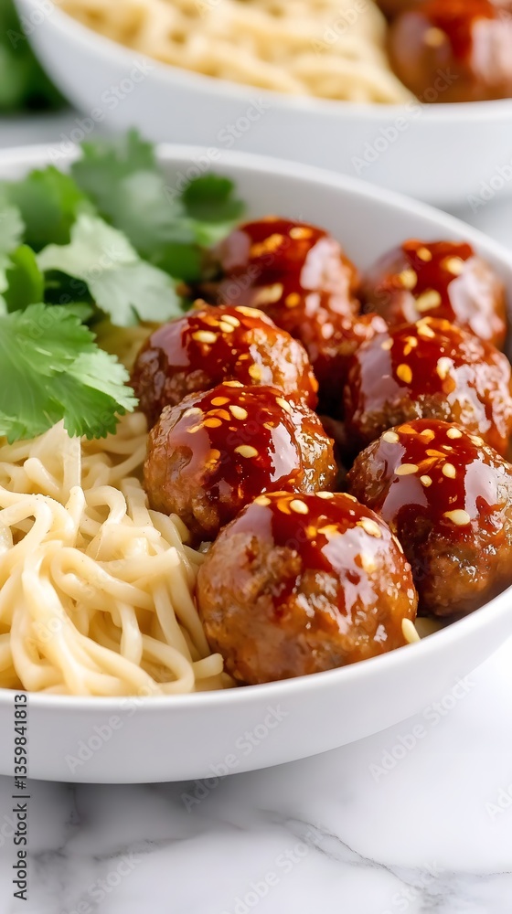 Fototapeta premium Delicious Sesame Glazed Meatballs Noodles Bowl
