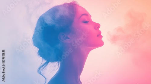 Portrait of a woman exuding tranquility with soft light and gentle smoke in the background during twilight hours