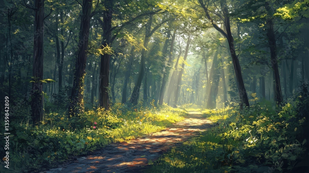 Fototapeta premium Serene bike trail winding through a peaceful forest at dawn with soft sunlight filtering through the trees